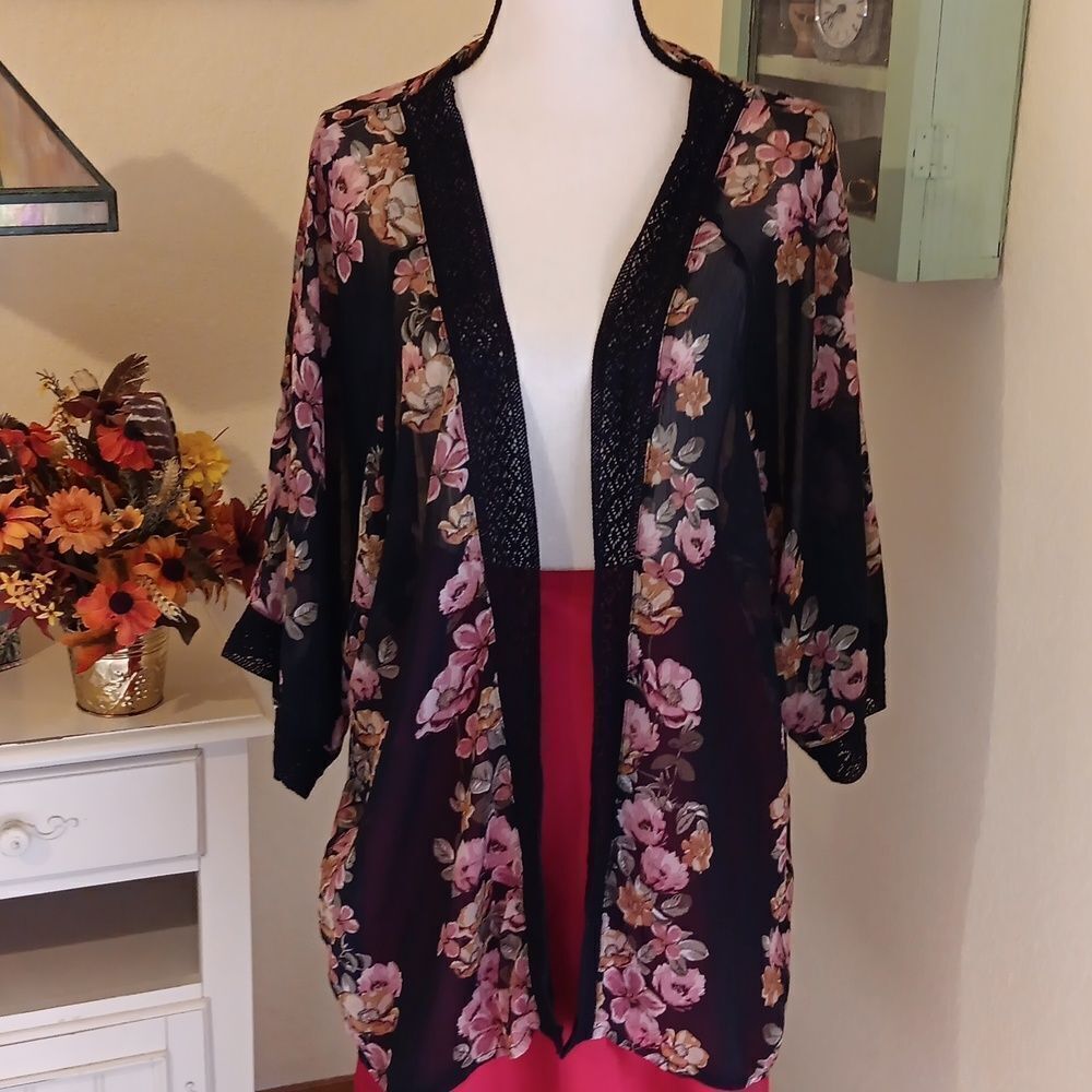 Maurices Sheer Black/Pink Floral Lace Trim. Boho,
